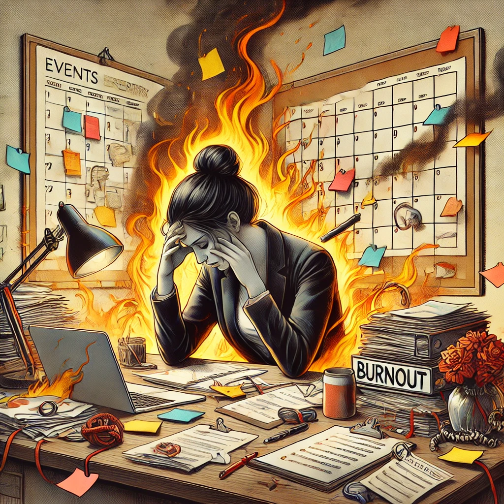 A woman sitting at a cluttered desk, overwhelmed, with her head resting in her hands. The desk is filled with event planning items like checklists and decorations, while the background fades into fiery tones, symbolizing burnout. A calendar with overlapping deadlines and sticky notes is visible, adding to the sense of stress.